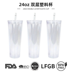 国境を越えた新製品二層パンチング 24 オンスプラスチックカップフラットカバーアクリルオフィス透明ストローカップカスタムパターン