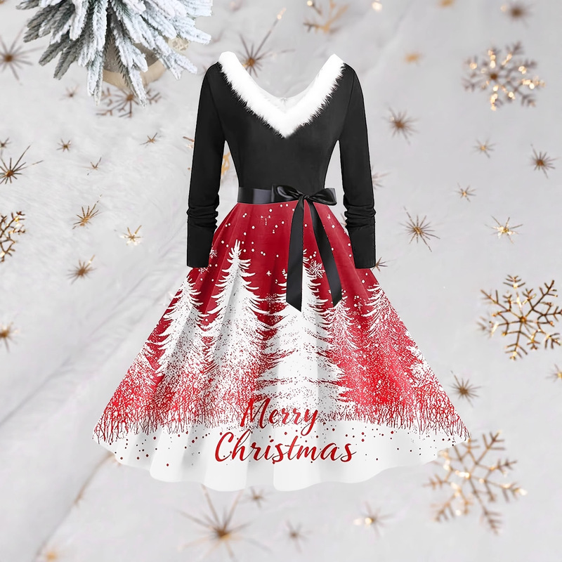Christmas-themed printed plush V-neck long-sleeve waist-cinching flared dress for plus-size holiday parties, mid-length dress