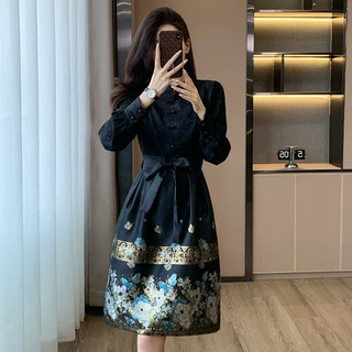 新中式国风汉服改良连衣裙女2024夏季新款提花刺绣长袖小个子裙子