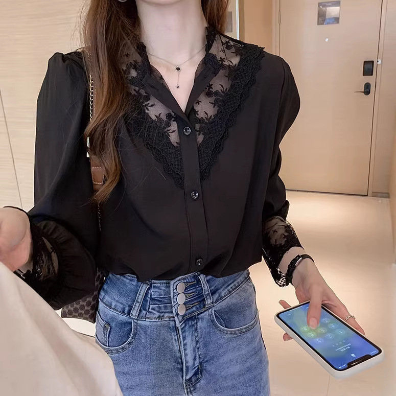 Elegant Lace Patchwork Shirt for Women, New Spring and Autumn Design, Unique and Stylish, Trendy Inner Wear, Chic Base Layer Top Elegant Lace Patchwork Shirt for Women, New Spring and Autumn Design, Unique and Stylish, Trendy Inner Wear, Chic Base Layer Top
