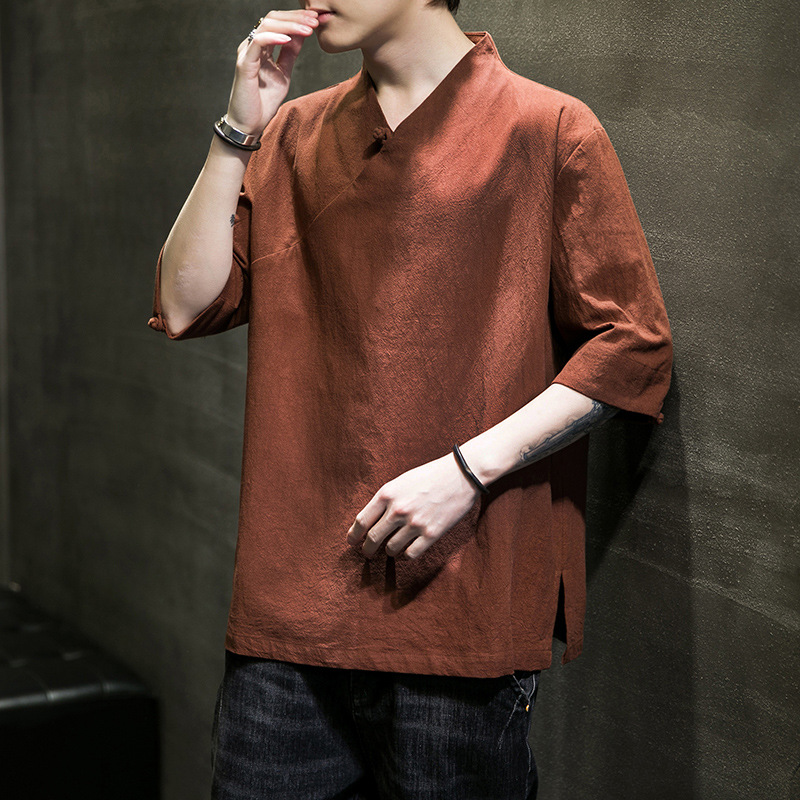 2023 Chinese Style Summer Men's Cotton and Linen Short-sleeved T-shirt Youth Large Size Pullover V-neck Linen Tang Suit Hanfu T-shirt