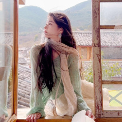 米色复古棉麻围巾女云南旅游薄款文艺亚麻褶皱丝巾系脖长条氛围感