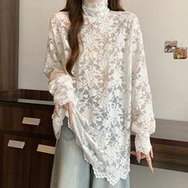 大码欲风高领蕾丝衫长袖T恤女冬新款白色打底衫胖MM中长款上衣