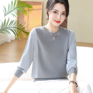 2024 Spring New Mother's Top Thin Knitted Shirt Middle-aged and Old Women's Spring and Autumn Long-sleeved Temperament Base Shirt
