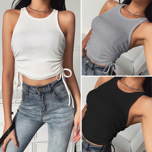 2024 European & American Spring/Summer Fashionable New Arrival Women's Sexy Solid-Color Slim-Fit Pleated Camisole with One Shoulder