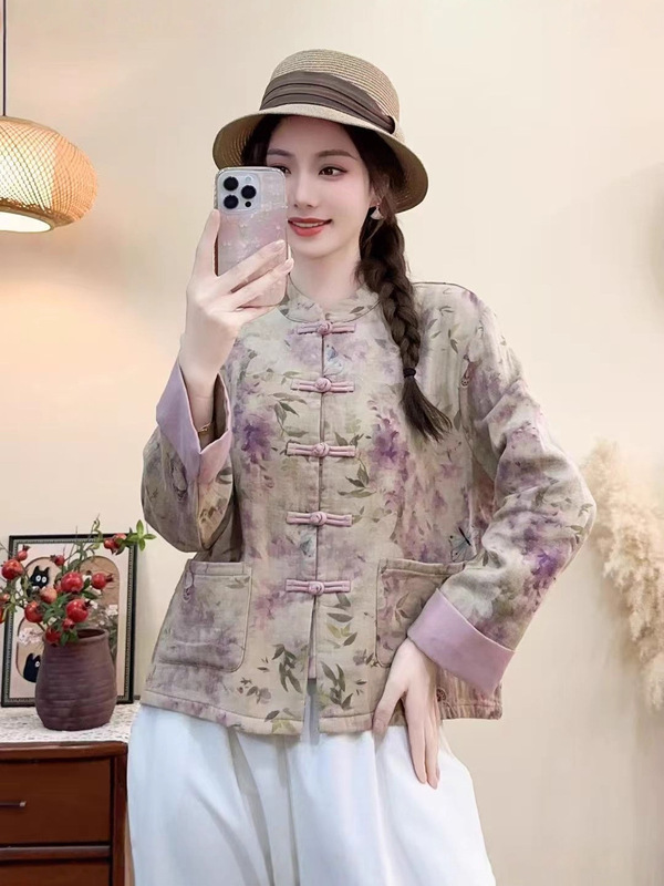 古咖服饰秋季新款文艺盘扣衬衫长袖拼接短外套女复古气质印花上衣|undefined