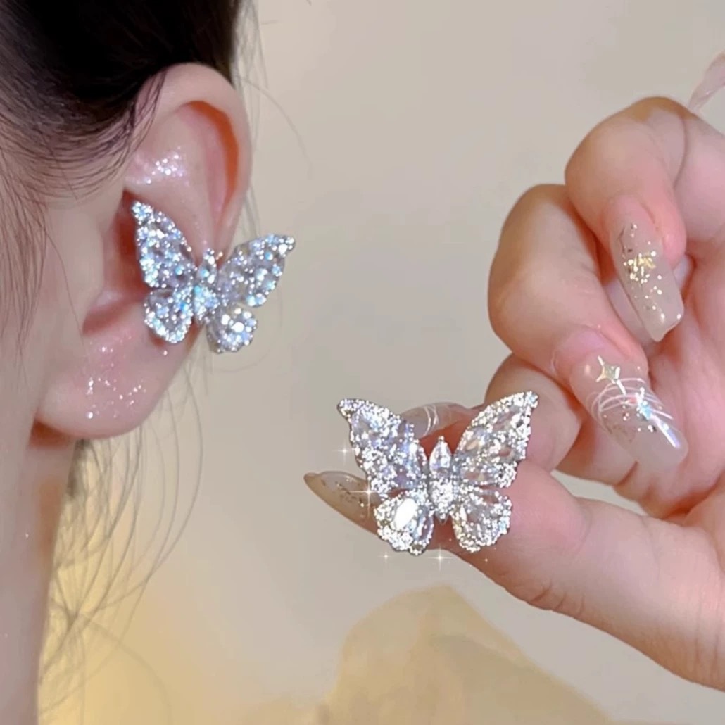 Super Shiny Zircon Large Butterfly Ear Cuff for Women Without Ear Piercings, 2026 New Model, High-End Light Luxury Ear Hook, Fairy-Style Exaggerated Earrings