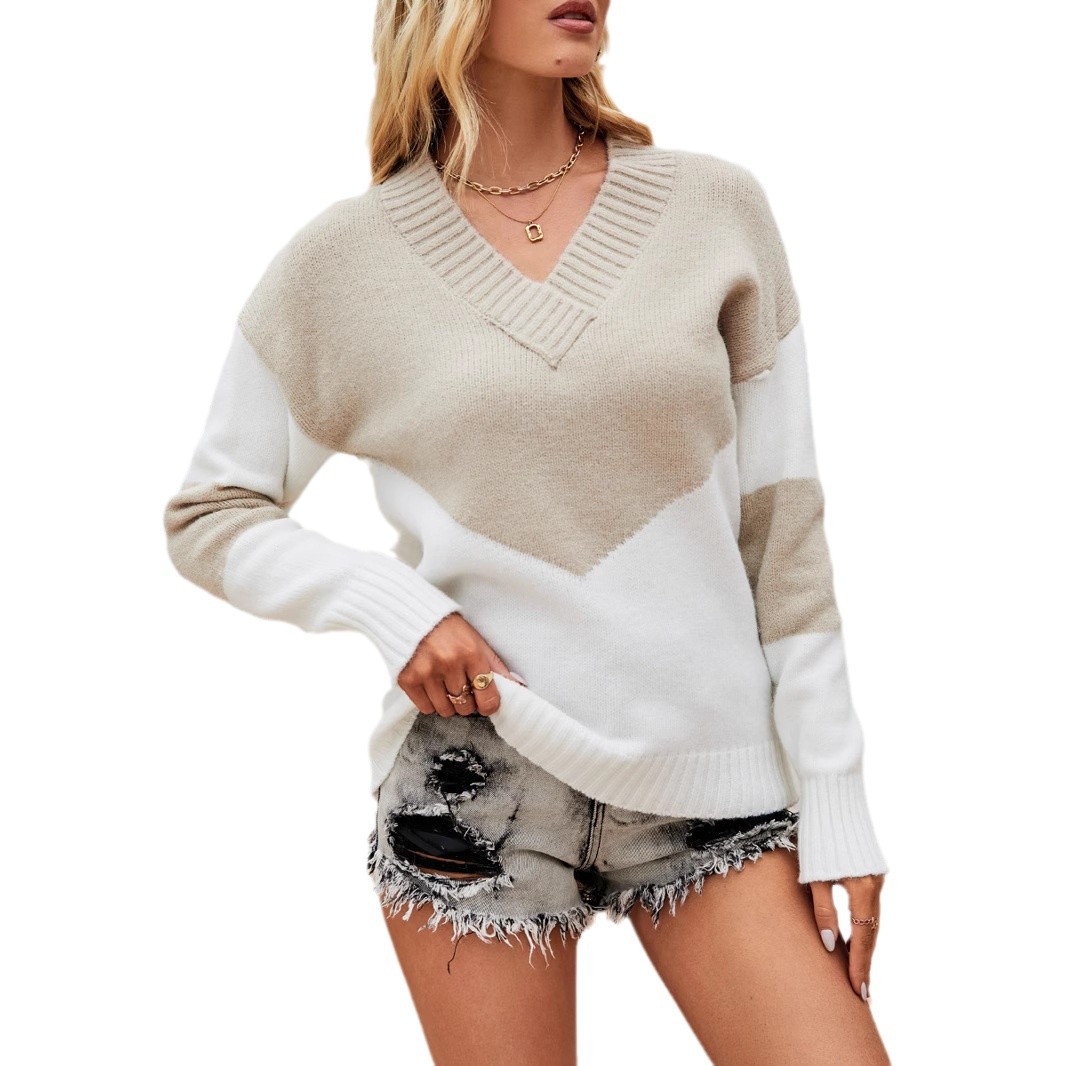 Autumn and winter versatile new cross-border foreign trade lazy style women's clothing European and American V-neck color-blocked pullover sweaters knitted tops for women