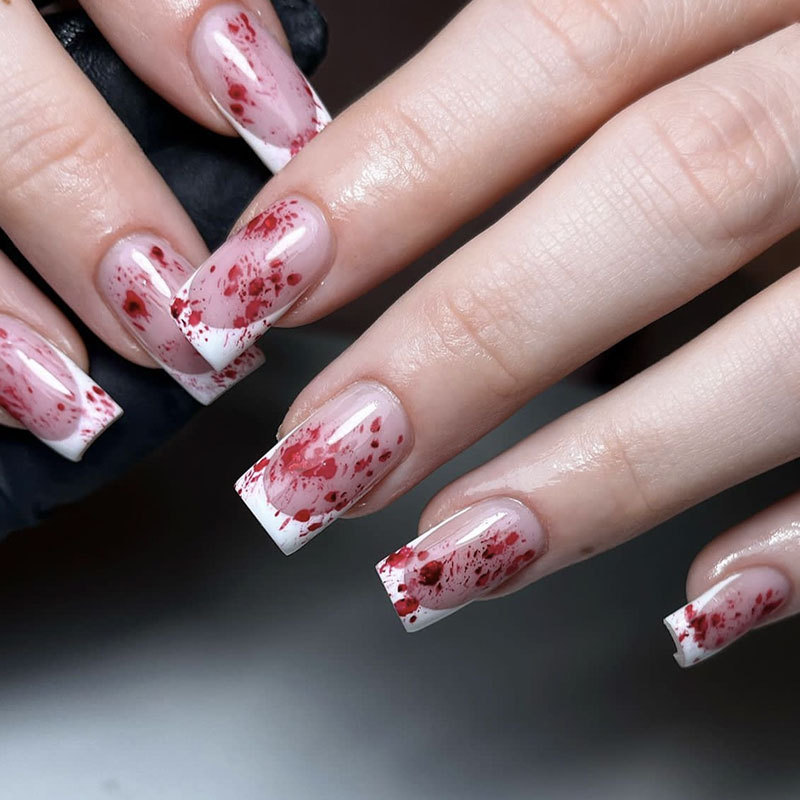 Halloween Wear Armor Square White French Red Blood Smear Pattern Removable Fake Nail False nail Halloween Wear Armor Square White French Red Blood Smear Pattern Removable Fake Nail False nail