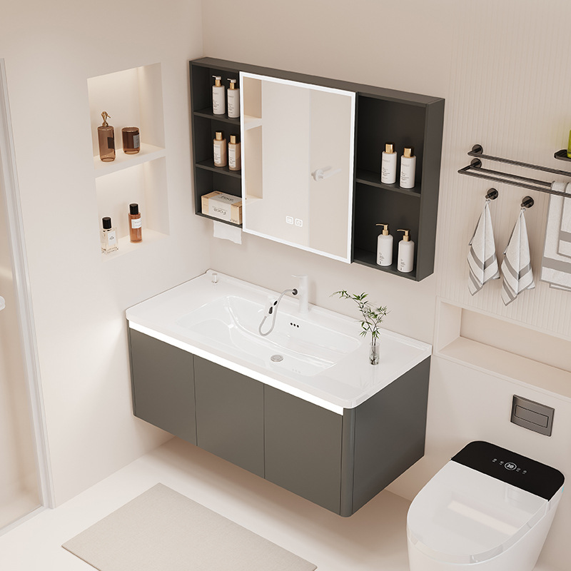 Gabinete de baño de agua con control de mesa, lavabo integrado de cerámica, cajón de baño, gabinete de baño de inducción, lavabo combinado, nido de abeja, aluminio