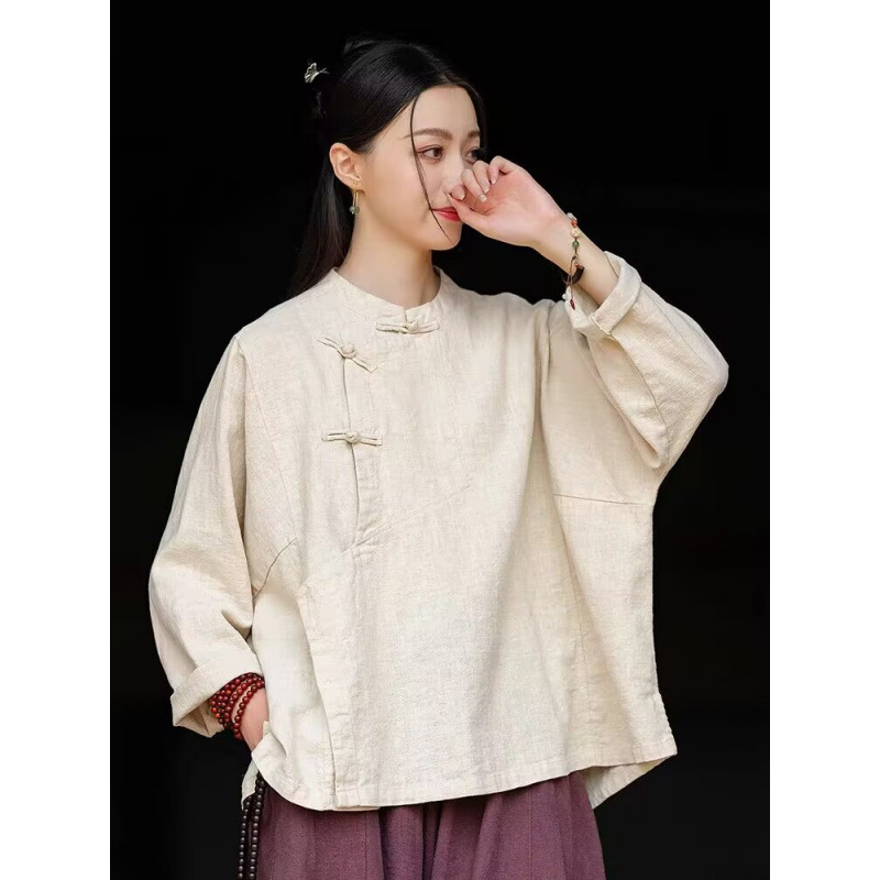 禅服女禅意春秋季新款棉麻上衣宽松长袖衬衫复古盘扣立领斜襟禅修|undefined