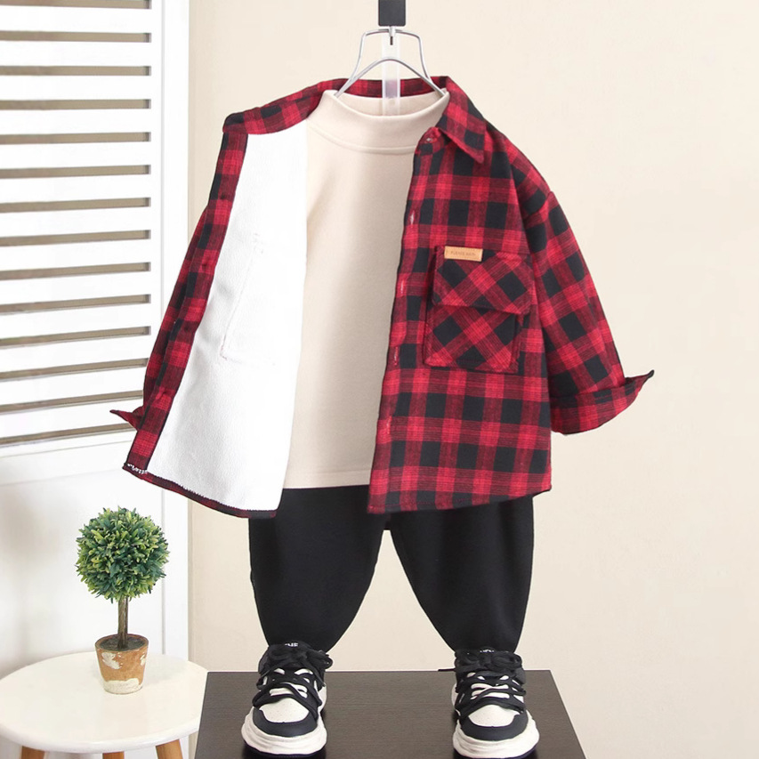 6408 otoño e invierno para niños más camisa de terciopelo engrosamiento de terciopelo 2025 nueva ropa de invierno para niños camisa a cuadros para bebés