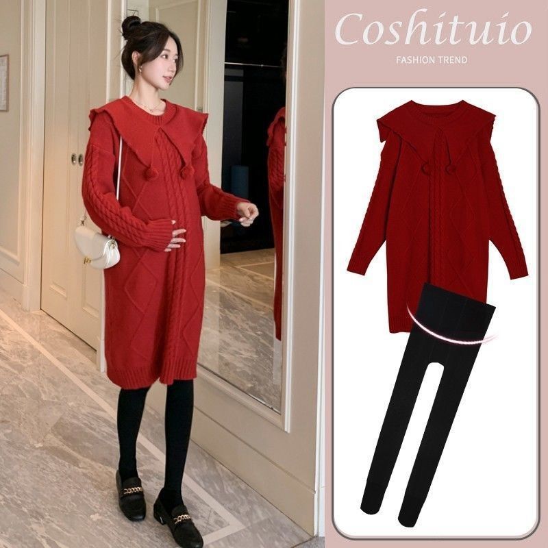 서양식 새해 임산부 옷 가을 겨울 정장 2025 새로운 대형 두꺼워진 드레스 상의 겨울 스웨터 드레스