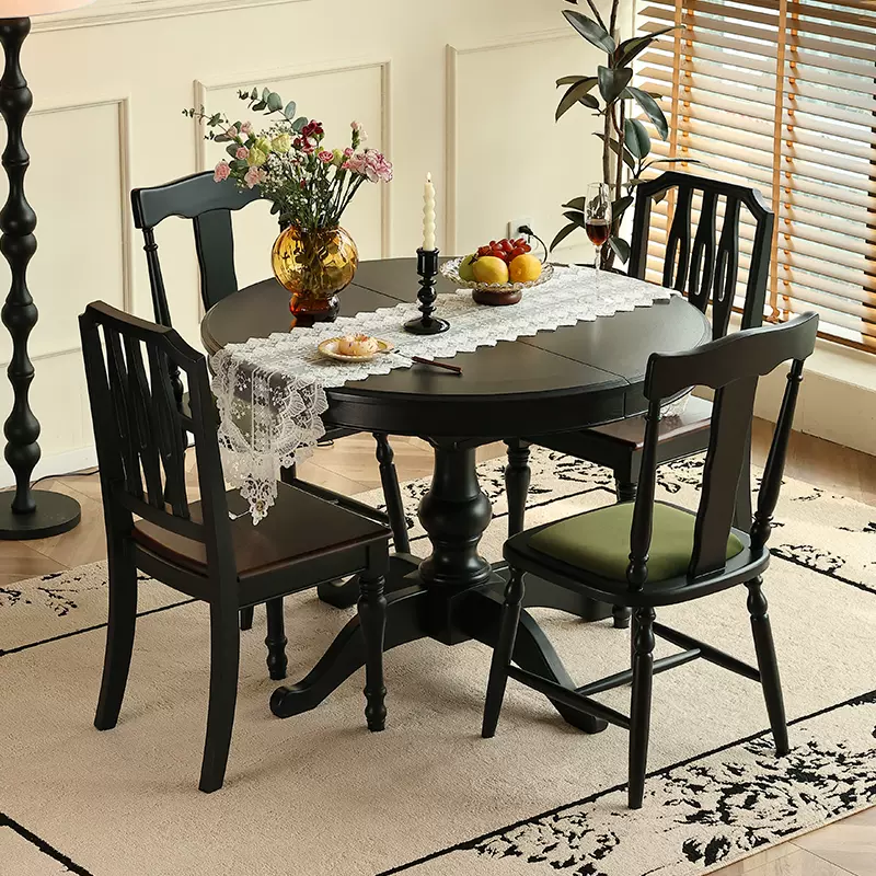 法式复古实木伸缩餐桌中小户型家用吃饭桌中古风圆桌餐桌客厅饭桌