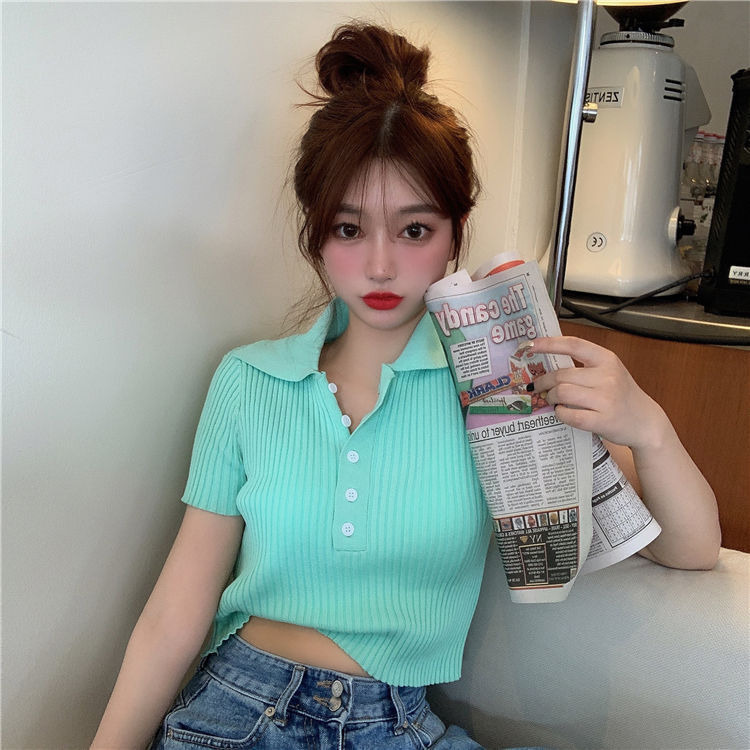 Hong Kong Style Polo Collar Short-Sleeve Knit T-Shirt for Women, 2026 Summer New Slim-Fit Short Student Base Shirt Hong Kong Style Polo Collar Short-Sleeve Knit T-Shirt for Women, 2026 Summer New Slim-Fit Short Student Base Shirt