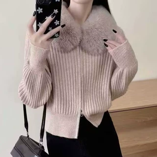 大毛领拉链毛衣女开衫外套韩系秋冬新款时尚休闲小个子上衣针织衫