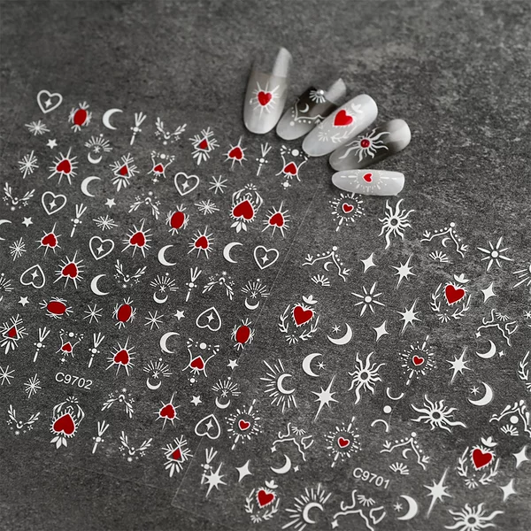 Cross-border Hot Red Heart Star Moon Nail Art Sticker European and American Popular Geometric Pattern Bright Star Moon Back Glue Nail Art Sticker