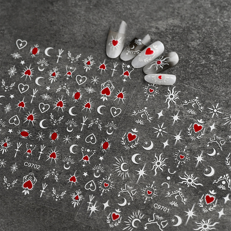 Cross-border Hot Red Heart Star Moon Nail Art Sticker European and American Popular Geometric Pattern Bright Star Moon Back Glue Nail Art Sticker