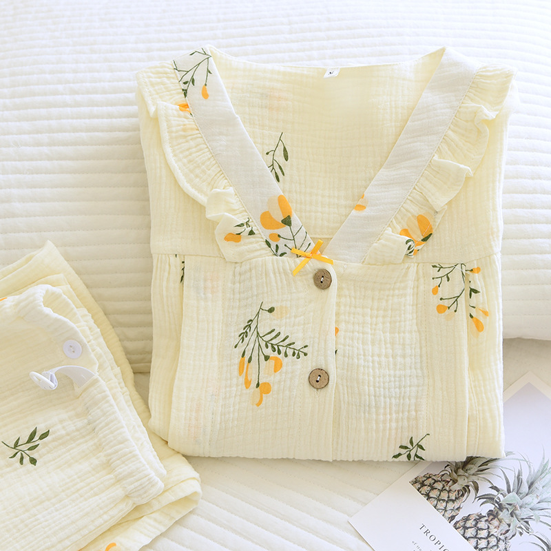 Spring and Summer New Cotton Crepe Moon Suit Thin Gauze Nursing Clothes V-Neck Flower Sweat Absorbing Breathable Large Size