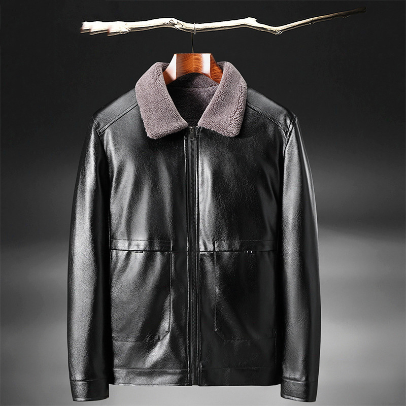 Men's Leather Jackets Winter Thickened And Velvet Casual Men's Small Lapel Leather Jackets Middle-aged And Elderly Leather Jackets