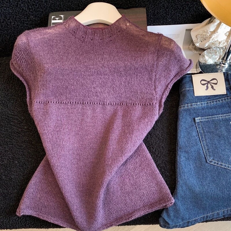 Simone Lainer's Gentle Style Half-High Collar Knit Top with Small Flutter Sleeves for Women, New Spring/Summer Collection, Soft and Smooth Hollow-Out Patchwork Design, Slimming Effect
