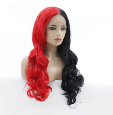 Europa y América mitad roja mitad empalmado negro ondas delanteras encaje mitad gancho peluca LW0152