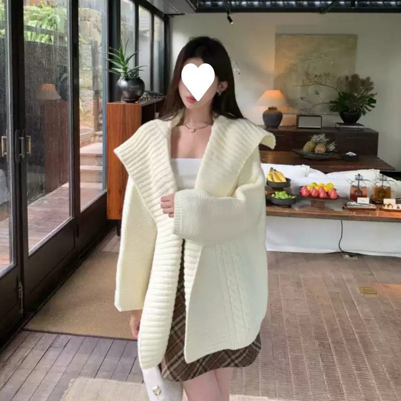Large Lapel Sweater Jacket for Women in Autumn and Winter New Korean Style Loose Lazy Style High-End Thickeneded Twist Knitted Cardigan