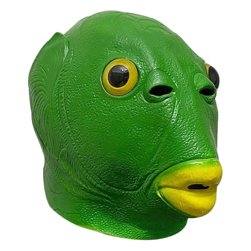 Fábrica directa tiktok mismo estilo cabeza de pescado cubierta máscara verde cabeza pescado hombre lindo divertido arena talla verde cabeza monstruo animal