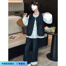 女童套装秋季2025新款中大童时尚洋气蕾丝娃娃衫牛仔马甲牛仔裤