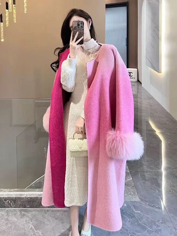 Shenzhen Nanyou Original High-End Double-Sided Cashmere Long Wool Coat with Mink Fur Cuffs, Fashionable Boutique for Women Shenzhen Nanyou Original High-End Double-Sided Cashmere Long Wool Coat with Mink Fur Cuffs, Fashionable Boutique for Women