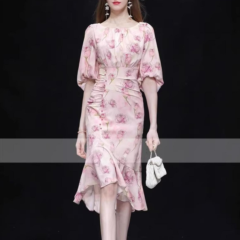 Summer New Fashion Elegant High-end Lantern Sleeve Slim-fit Rose Print Mid-length Irregular Fishtail Skirt