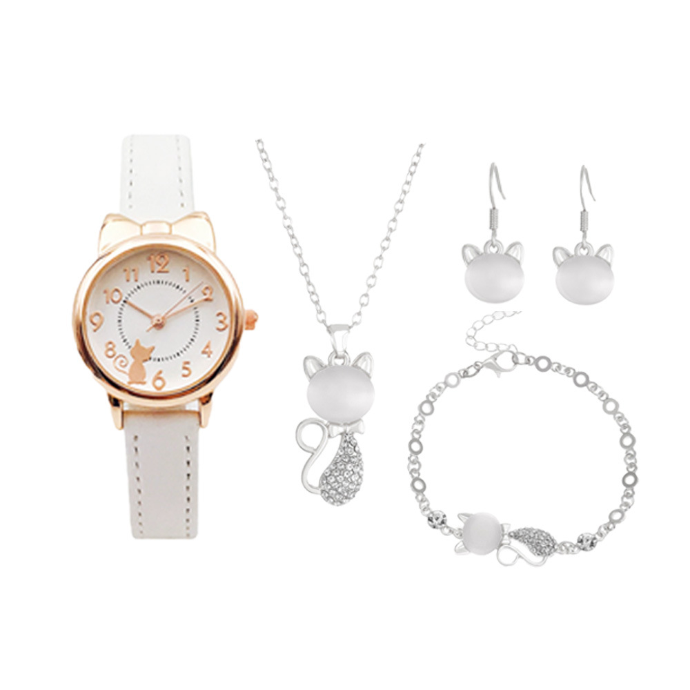 Modes dizaina pulksteņa uzvalks Izsmalcināta opāla kaķēna rokassprādze Kaklarota Auskari Saģērbt četrdaļīgs_voghion.com