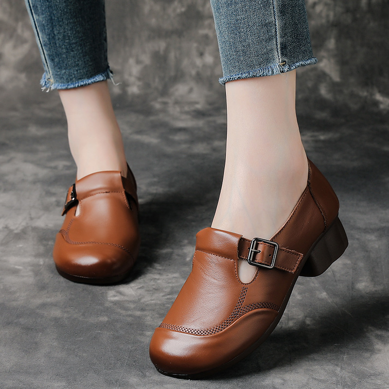 Top-layer Cowhide Mary Jane Spring And Autumn Style, Chunky Heel Single Simple Mid-heel Soft-soled Shoes, Versatile_vogvips.com