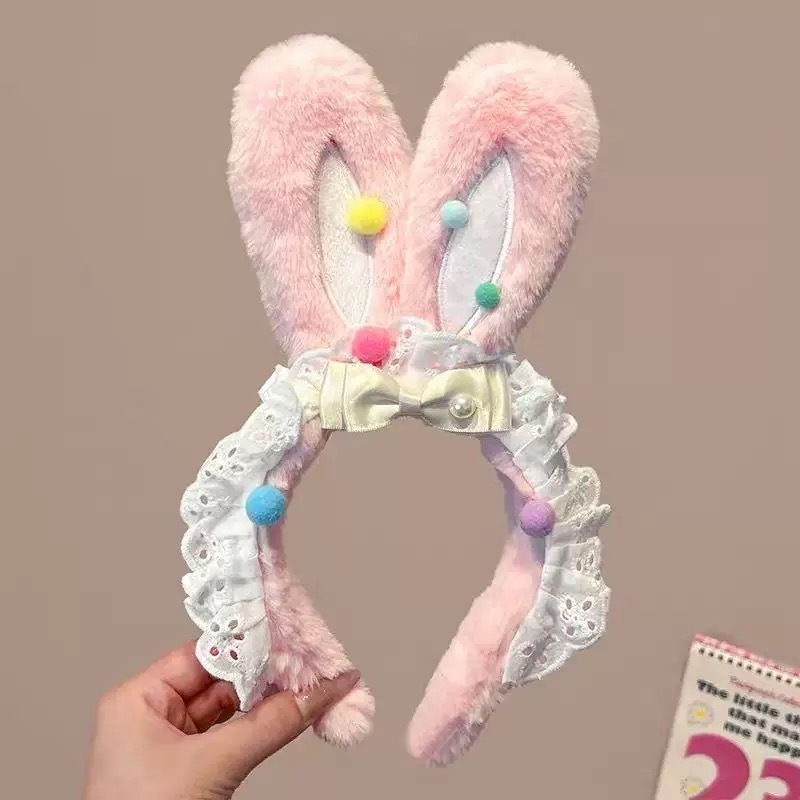 かわいいリボンウサギの耳ぬいぐるみヘッドバンドレース洗顔ヘッドバンド子供用ヘアピン 2025 新しい帽子|undefined