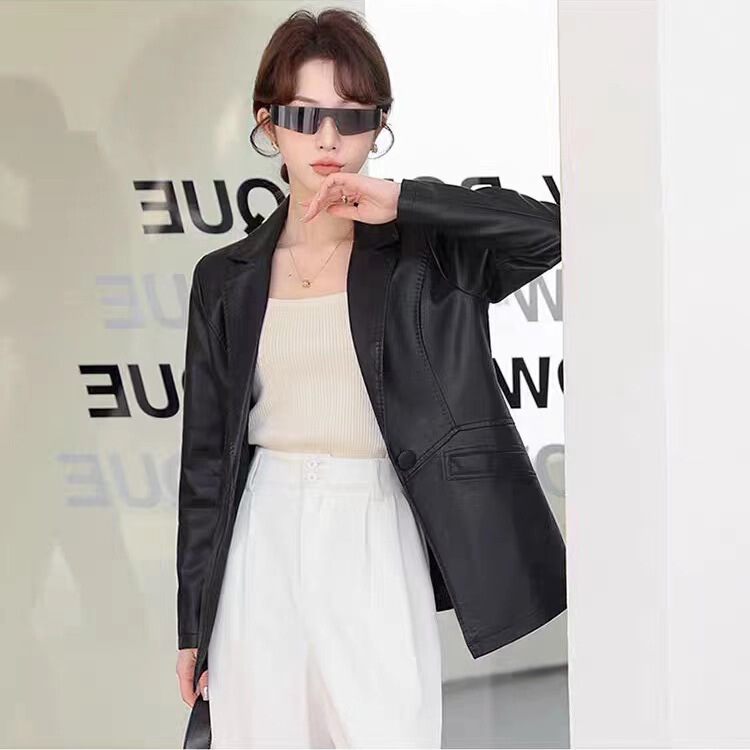 Factory direct supply Korean style leather coat women's 2024 new explosion thin soft leather Korean suit coat women's spring and autumn