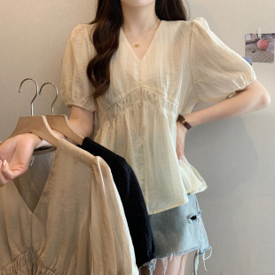 plus size Women's chubby girl Summer Dress French V-neck Waistline Pleated Puff Sleeve Top Loose Belly Covering Shirt