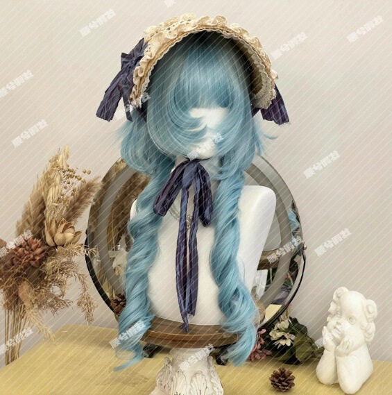 Shunxi Wig for Women with Bangs, Long Curly Hair, Jellyfish Head, Peacock Blue Lolita, Same Style as Young Girls, Natural Full Headgear