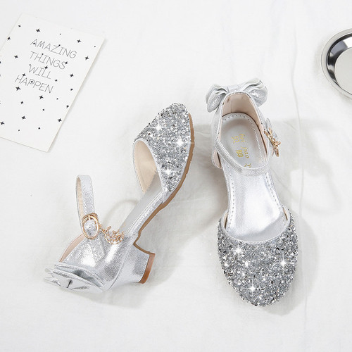  New Summer Korean Style Girls' High-Heeled Sandals Children's Versatile Princess Shoes Silver Color Little Girls' Cap-Toe Shoes