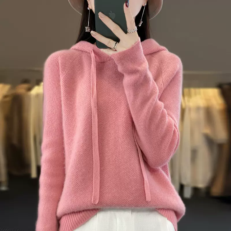 秋冬季纯羊毛衫女100纯羊毛针织连帽卫衣套头羊绒毛衣细羊毛