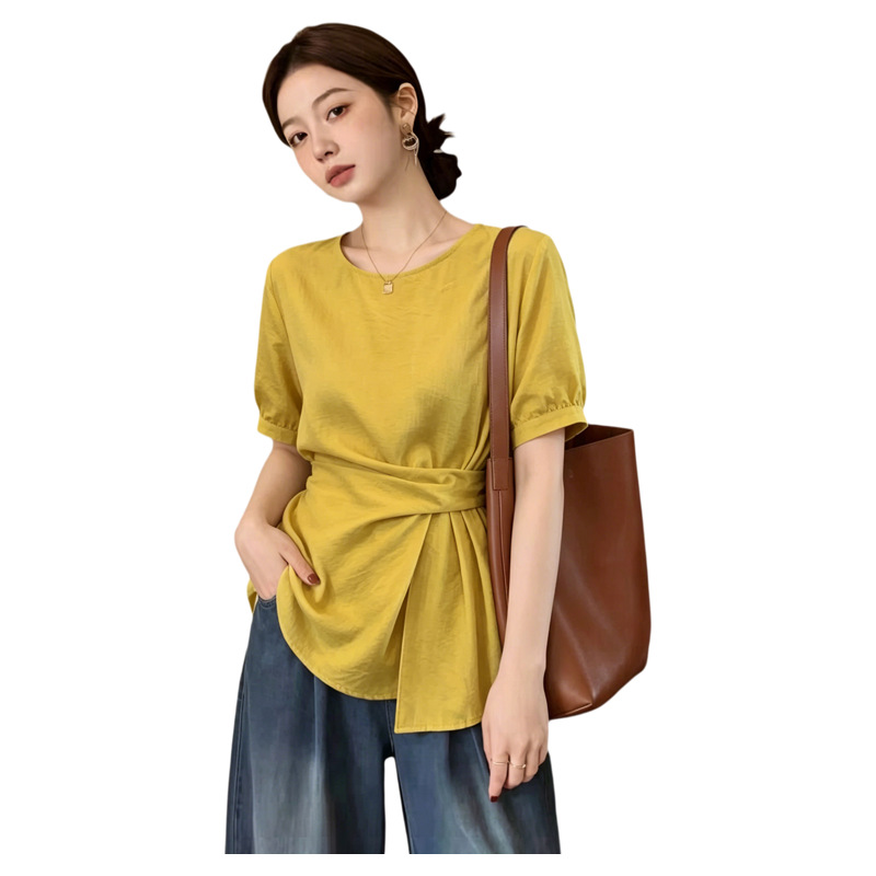 Áo thun nữ tay ngắn cổ tròn phom suông, thiết kế vai thẳng eo xếp li — xanh lam chi tiết 1