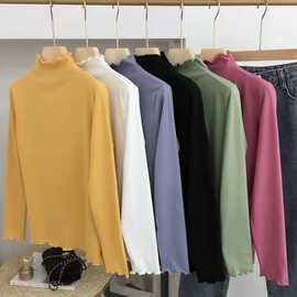 小猫日记打底衫半高领长袖徳绒少女星期衣纯色木耳边上衣工厂直销