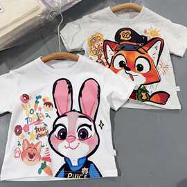 夏季新款卡通兔子儿童T恤可爱印花圆领女童宝宝短袖上衣纯棉趣味
