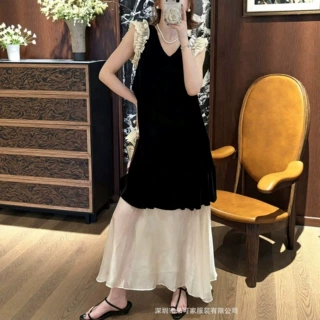 高级感轻奢仙女真丝丝绒连衣裙v领木耳花边显瘦撞色拼接背心长裙