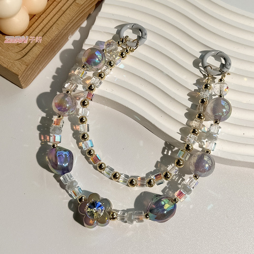 Double layer round bead crystal twist bead mobile phone chain girl handmade DIY beaded hanging chain flower anti-lost mobile phone back clip chain