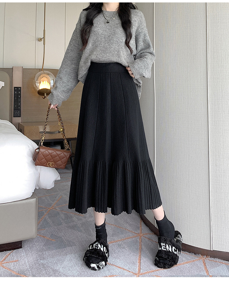 Pleated Knitted Skirt Women'S Autumn And Winter New Fashion High Waist Korean Version Casual And Thin Big Swing Skirt A-Shaped Skirt Umbrella Skirt 36 Undefined