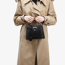 高级感轻奢头层牛皮鳄鱼纹手拎凯莉包包小众撞色肩斜挎包女