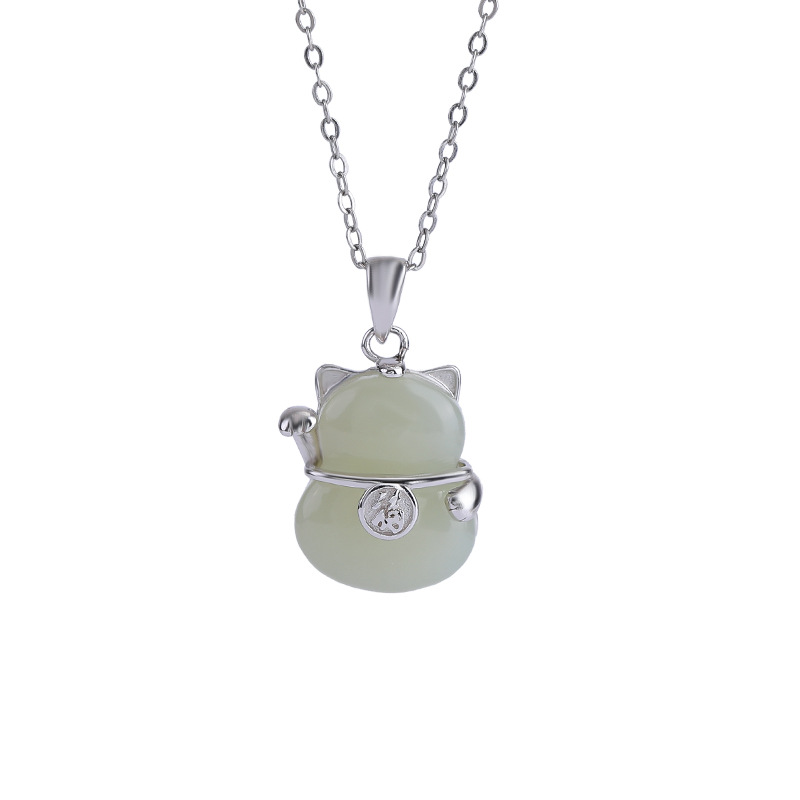 Mặt dây chuyền bạc S925 hình mèo con may mắn đính ngọc bích Hetian — Mặt Dây chuyền đơn (không có dây chuyền)