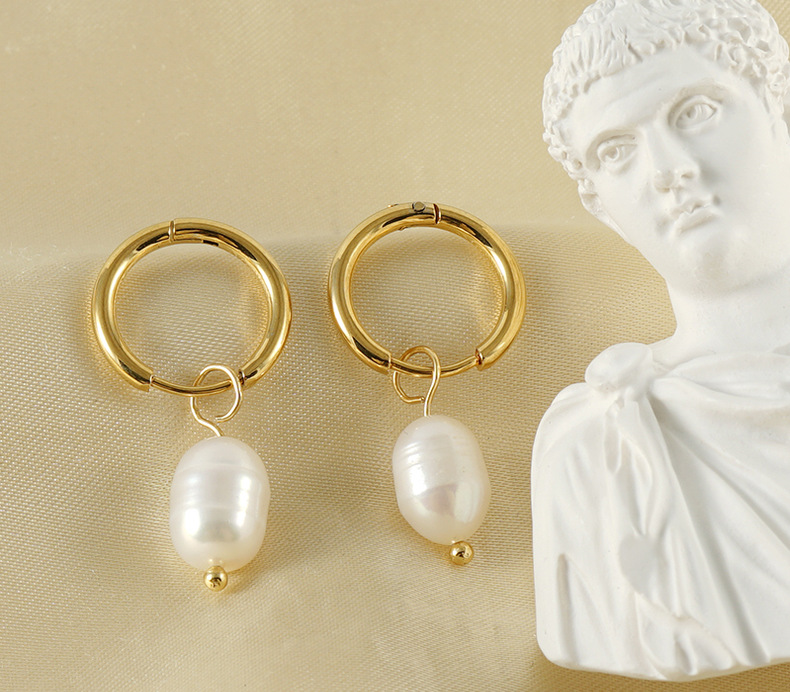 304 Stainless Steel Ear Needle Material 18K Gold Plated Plating Material Retro Geometric Stainless Steel Pearl Earrings 1 Pair