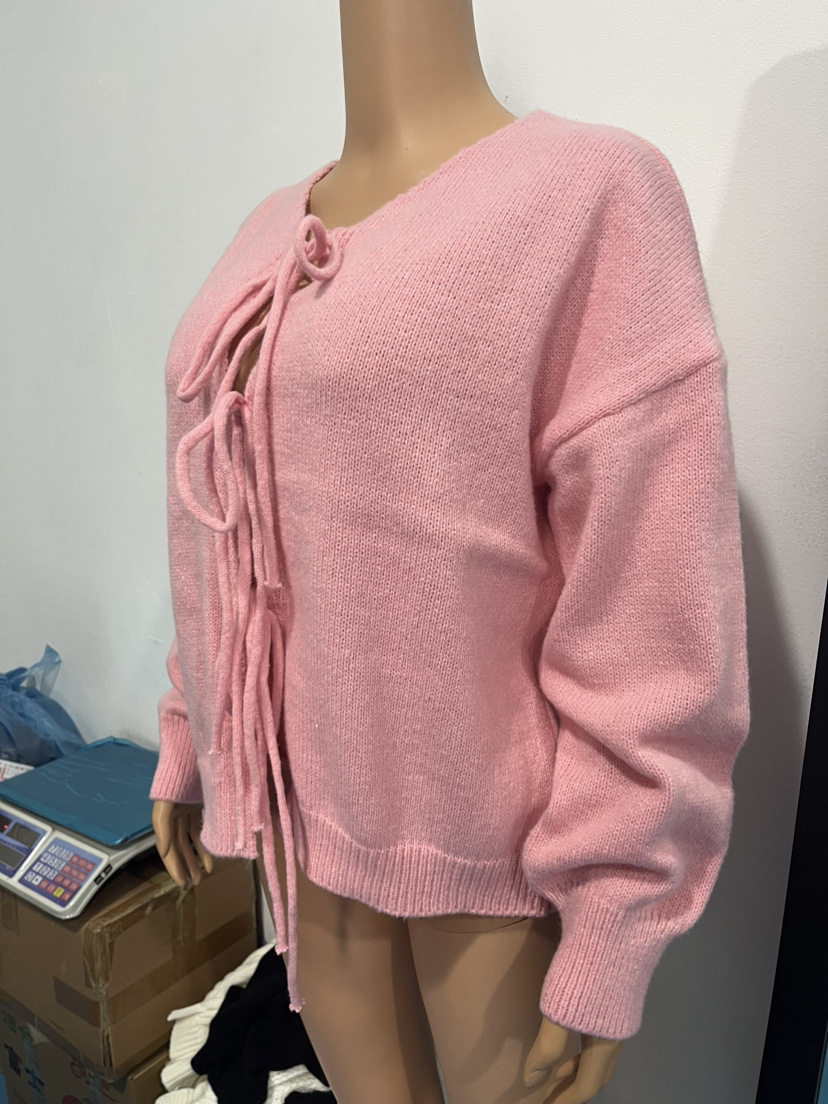 491g Weight Long Sleeve Sleeve Length Tie Placket Type Polyester Fabric Type Regular Top Length Cardigan, Sweater Tops Type Daily Occasion U Neck Neckline Loose Fit Type Solid Color Pattern Spring, Autumn Season Women's Gender Casual, Elegant Style Wholesale Women's Casual Elegant Solid Color Long Sleeve Sweaters & Cardigans 12