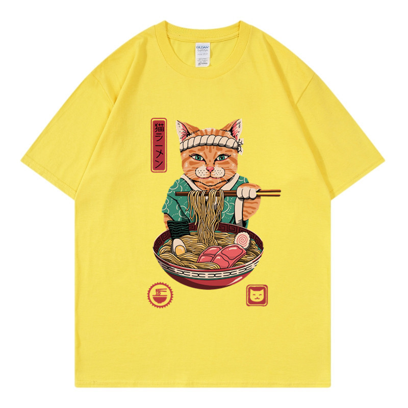 New Zhuoli station Kung Fu cat eating noodles printed t-shirt men's and women's Casual Short Sleeve round neck top_voghion.com